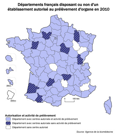 Figure P1. Carte de l'activité de prélèvement des départements français selon la présence d'un établissement autorisé à l'activité de prélèvement d'organe en 2010