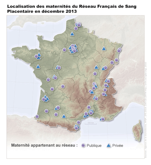 Figure CSHP6. Localisation des maternités du réseau français de sang placentaire en décembre 2013