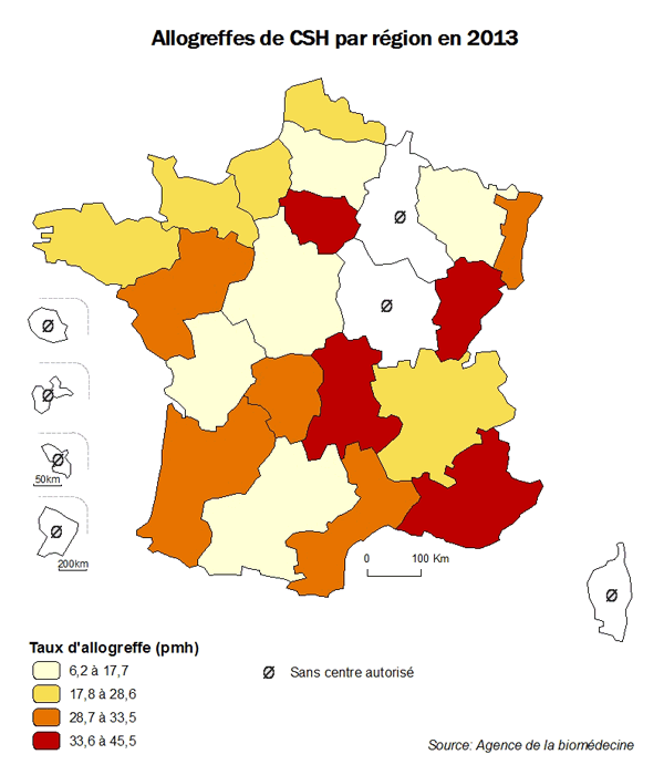 Figure CSH R1. Taux d’allogreffes de CSH par région en 2013