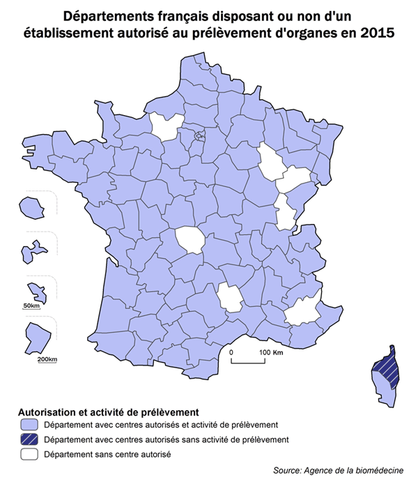Figure P2. Carte de l'activité de prélèvement des  départements français selon la présence d'un établissement autorisé à  l'activité de prélèvement d'organe en 2015