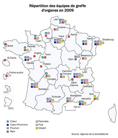 Répartition des centres de greffes d'organes en 2009 Répartition des centres de greffes d'organes en 2009