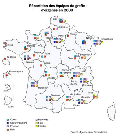 Répartition des centres de greffes d'organes en 2009