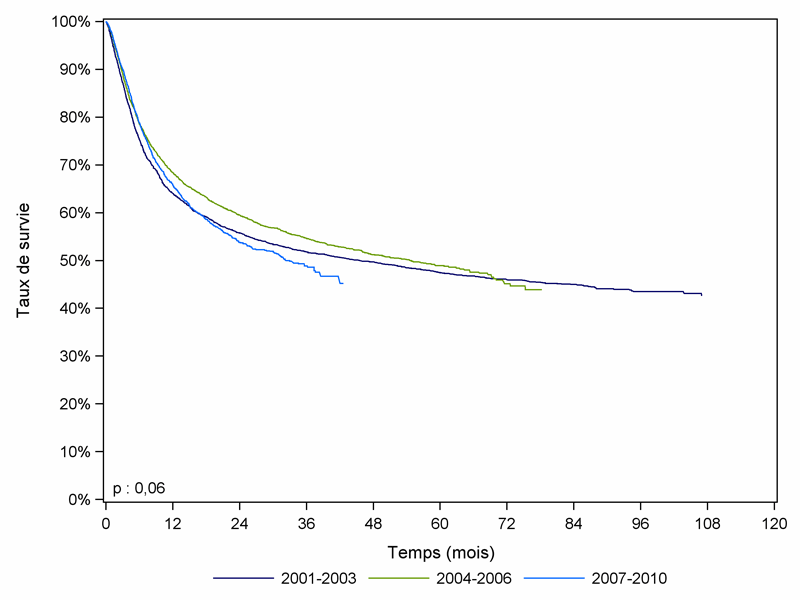 Figure CSH G20. Survie des patients après allogreffe de CSH selon la période (cohorte 2001-2010)