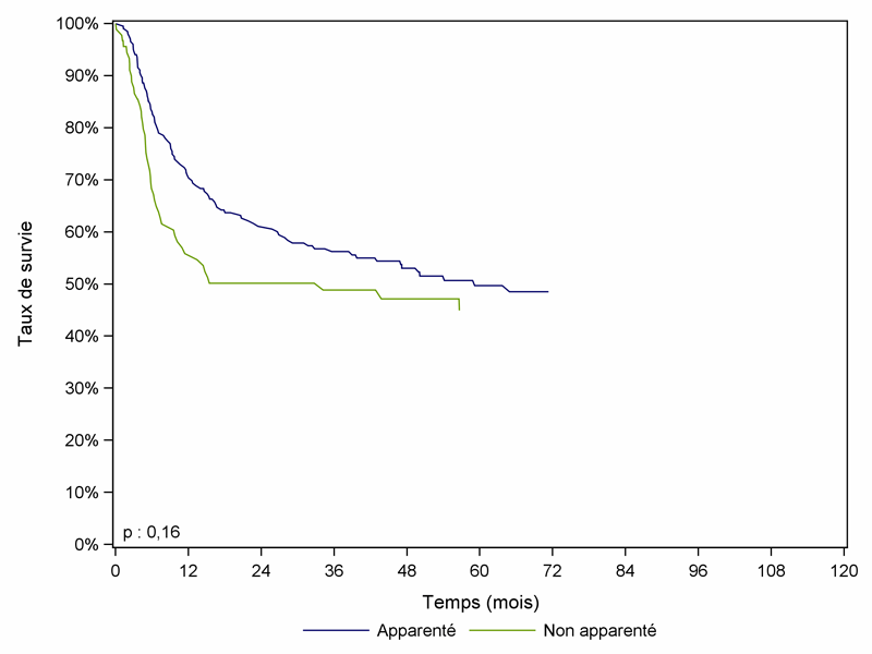 Figure CSH G31. Survie des patients après allogreffe avec conditionnement atténué pour leucémie aiguë myéloïde en rémission complète (cohorte 2001-2005)