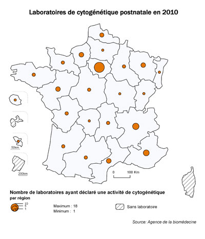 Figure POSTNATAL1. Répartition géographique des laboratoires de cytogénétique et de génétique moléculaire postnatale ayant déclaré une activité en 2010
