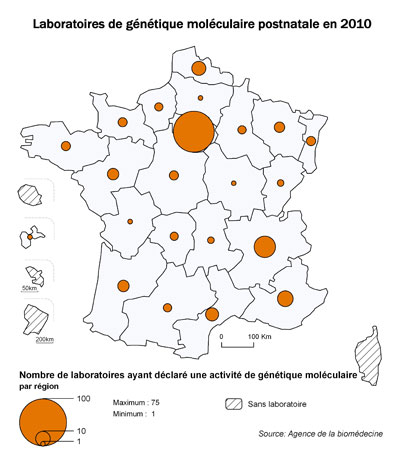 Figure POSTNATAL1. Répartition géographique des laboratoires de cytogénétique et de génétique moléculaire postnatale ayant déclaré une activité en 2010