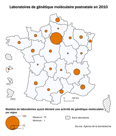 Figure POSTNATAL1. Répartition géographique des laboratoires de  cytogénétique et de génétique moléculaire postnatale ayant déclaré une activité  en 2010