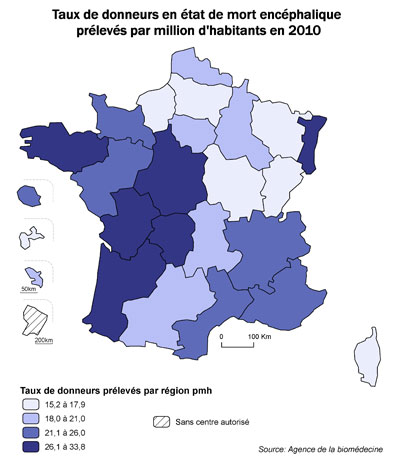 Figure P6. Taux de sujets en état de mort encéphalique prélevés par million d'habitants par régions en 2010
