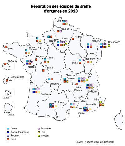 Figure G1. Répartition territoriale des équipes de greffe d'organes