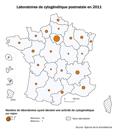 Figure POSTNATAL1. Répartition géographique des laboratoires de cytogénétique et de génétique moléculaire postnatale ayant déclaré une activité en 2011