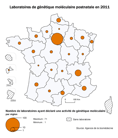 Figure POSTNATAL1. Répartition géographique des laboratoires de cytogénétique et de génétique moléculaire postnatale ayant déclaré une activité en 2011