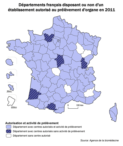 Figure P1.  Carte de l'activité de prélèvement des départements français selon la présence  d'un établissement autorisé à l'activité de prélèvement d'organe en 2011