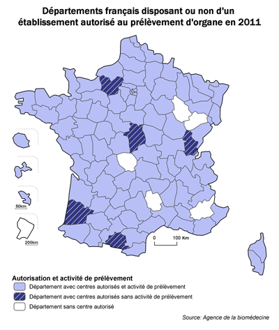Figure P1. Carte de l'activité de prélèvement des départements français selon la présence d'un établissement autorisé à l'activité de prélèvement d'organe en 2011