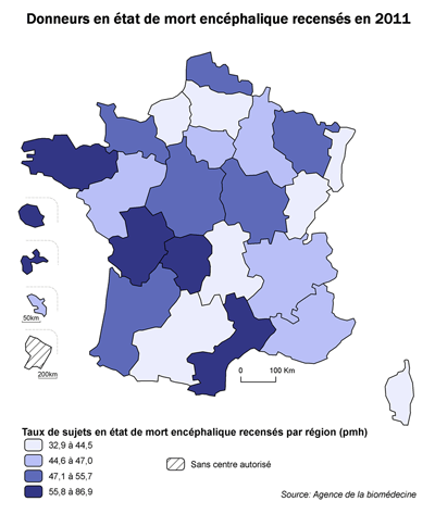Figure P6.  Taux de sujets en état de mort encéphalique prélevés par million d'habitants par  régions en 2011