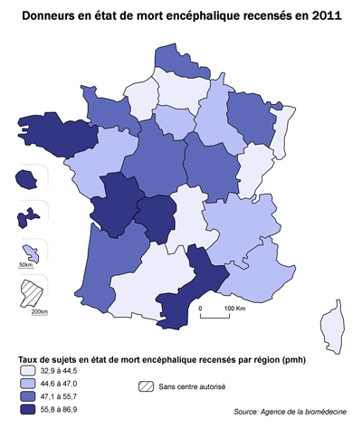 Figure P6. Taux de sujets en état de mort encéphalique prélevés par million d'habitants par régions en 2011