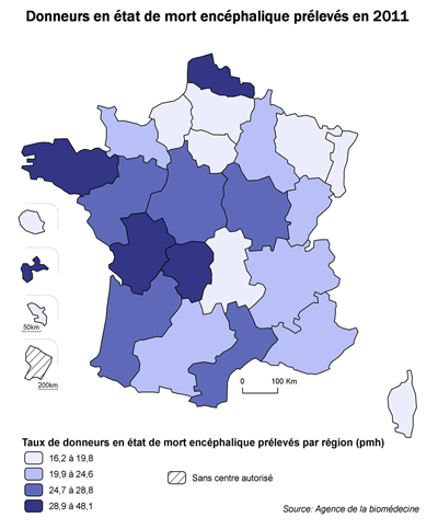 Figure P7.  Taux de donneurs en état de mort encéphalique recensés par million d'habitants par  régions en 2011