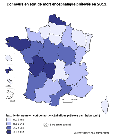 Figure P7. Taux de donneurs en état de mort encéphalique recensés par million d'habitants par régions en 2011