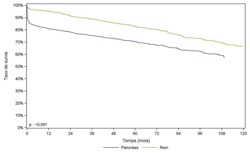 Figure PA2. Survie globale du greffon rénal et du greffon  pancréatique après greffe combinée de rein-pancréas (1996-2010)