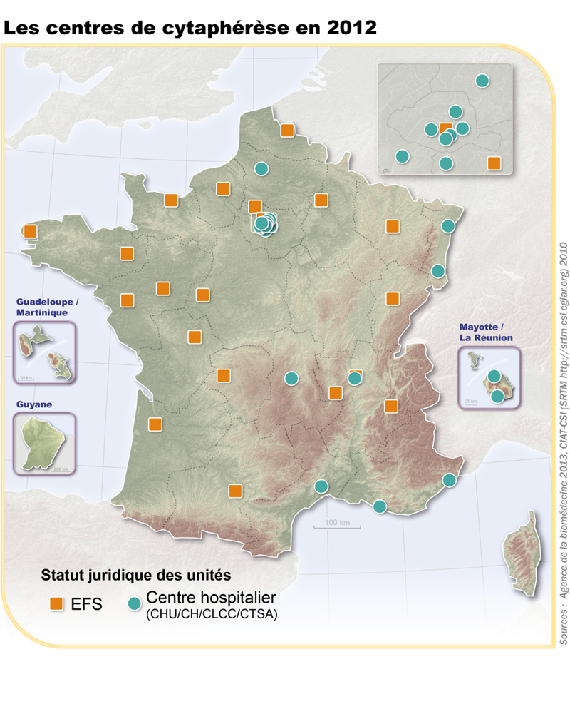 Figure CSH P1. Localisation des centres de prélèvement de CSH par cytaphérèse en 2012 