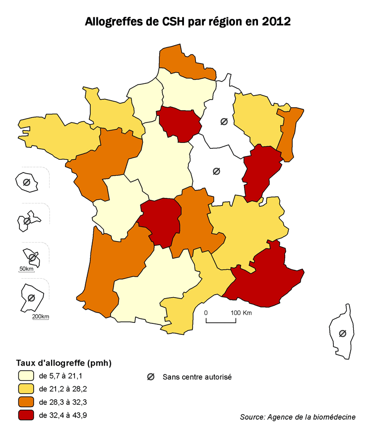 Figure CSH R1. Taux d’allogreffes de CSH  par région en 2012
