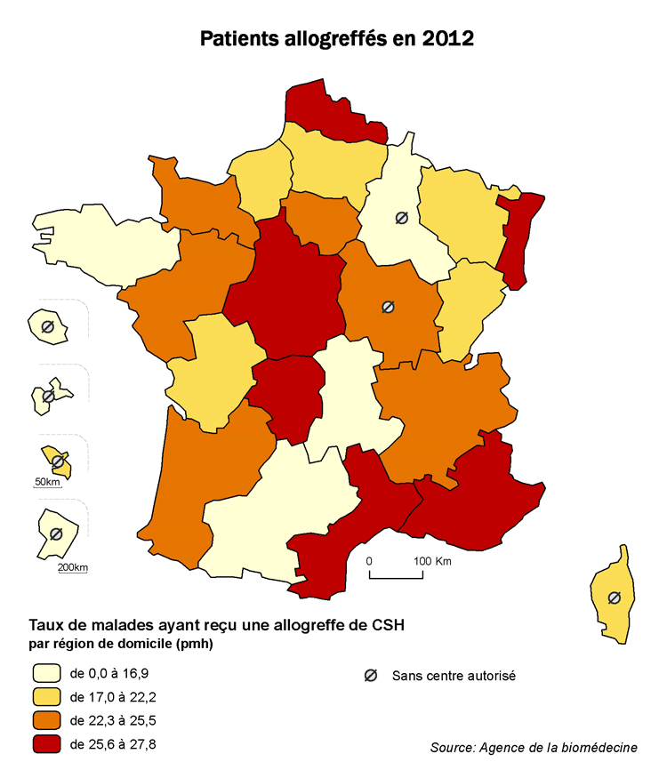 Figure CSH R2. Taux de patients  ayant reçu une allogreffe de CSH en 2012, par région de domicile