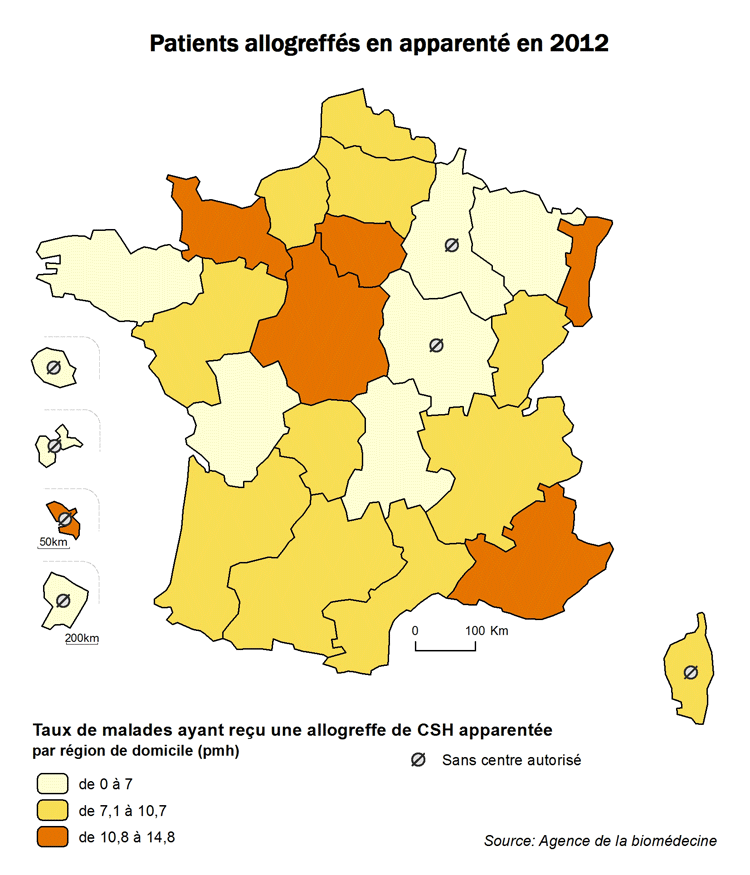 Figure  CSH R3. Taux de patients ayant reçu une allogreffe apparentée de CSH en 2012, par  région de domicile