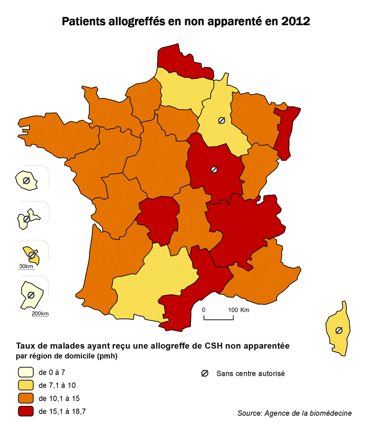 Figure  CSH R4. Taux de patients ayant reçu une allogreffe non apparentée de CSH en  2012, par  région de domicile