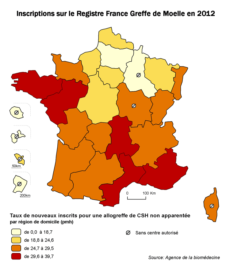 Figure CSH R5. Taux  de patients inscrits pour une allogreffe de CSH non apparentée en 2012, par  région de domicile