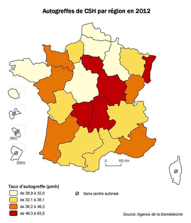 Figure CSH R7. Taux d’autogreffes de CSH  par région en 2012