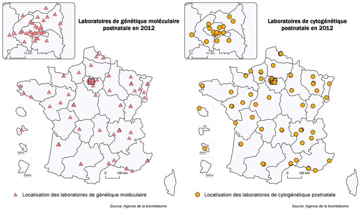 Figure POSTNATAL1. Répartition géographique des  laboratoires de cytogénétique et de génétique moléculaire postnatale ayant  déclaré une activité en 2012