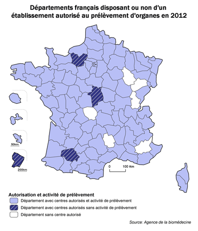 Figure P2. Carte de l'activité de prélèvement des départements français selon la présence d'un établissement autorisé à l'activité de prélèvement d'organe en 2012