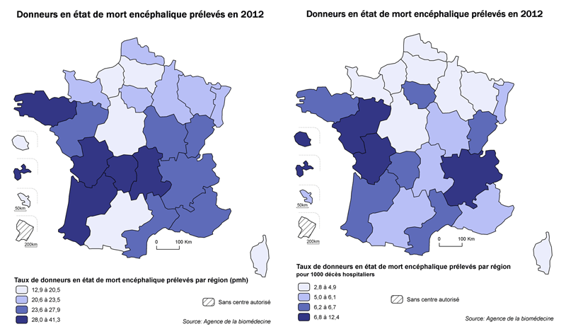 Figure P8. Taux de donneurs en état de mort encéphalique recensés par million d'habitants et pour 1000 décès hospitaliers par régions en 2012