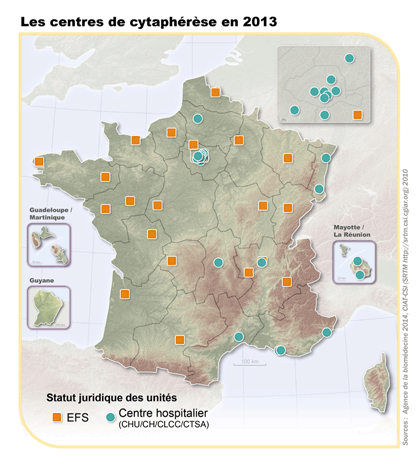 Figure CSH P1. Localisation des centres de prélèvement de CSH par cytaphérèse en 2013