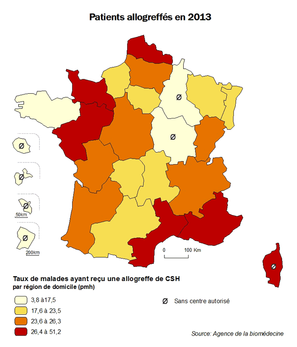 Figure CSH R2. Taux de patients ayant reçu une allogreffe de CSH en 2013, par région de domicile