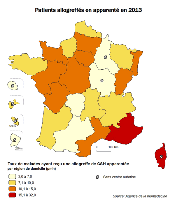 Figure CSH R3. Taux de patients ayant reçu une allogreffe apparentée de CSH en 2013, par région de domicile