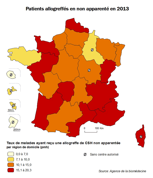 Figure CSH R4. Taux de patients ayant reçu une allogreffe non apparentée de CSH en 2013, par région de domicile