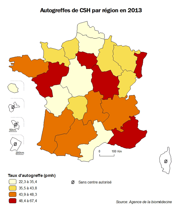 Figure CSH R7. Taux d’autogreffes de CSH par région en 2013