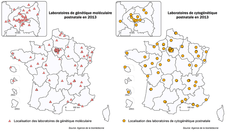 Figure POSTNATAL1. Répartition géographique des laboratoires de cytogénétique et de génétique moléculaire postnatale ayant déclaré une activité en 2013