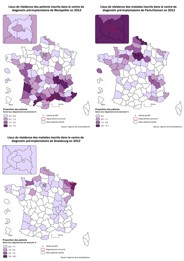 Figure DPI6. Lieu de résidence des couples inscrits dans chacun des centres de diagnostic préimplantatoire en 2012