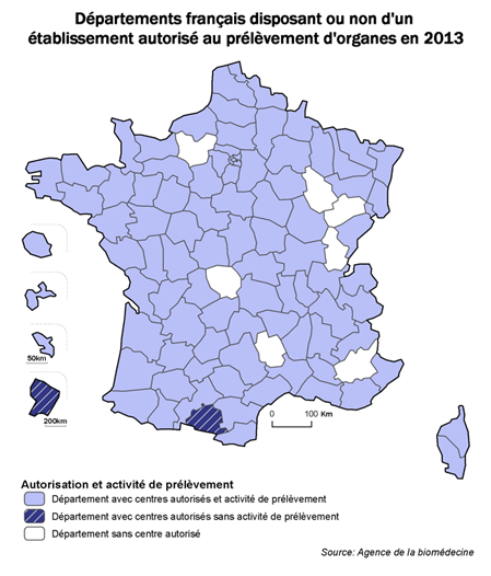 Figure P2.  Carte de l'activité de prélèvement des départements français selon la présence  d'un établissement autorisé à l'activité de prélèvement d'organe en 2013