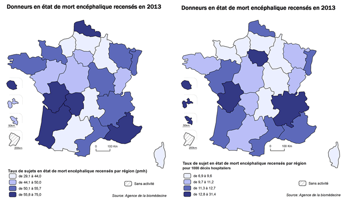 Figure P7. Taux de sujets en état de mort encéphalique recensés par million d'habitants et pour 1000 décès hospitaliers (données ATIH 2012) par région en 2013
