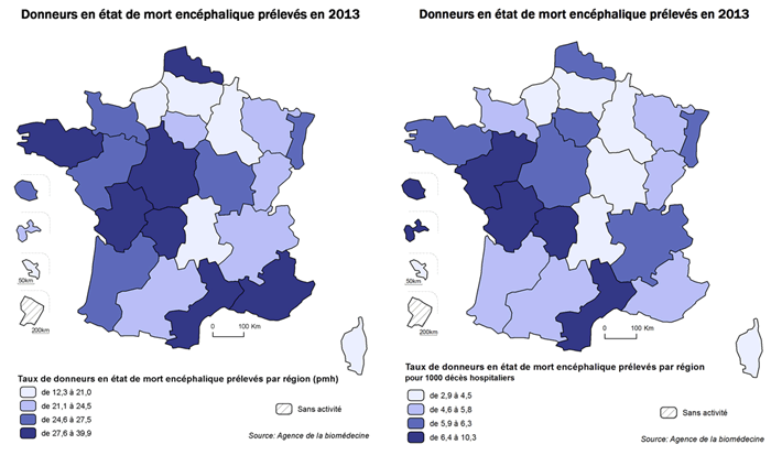 Figure P8. Taux de donneurs en état de mort encéphalique prélevés par million d'habitants et pour 1000 décès hospitaliers (données ATIH 2012) par région en 2013