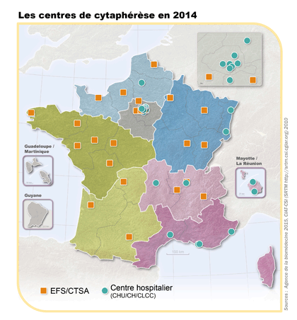 Figure CSH P1. Localisation des centres de prélèvement de CSH par cytaphérèse en 2014