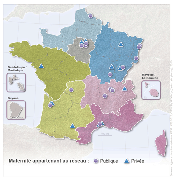 Figure CSH P6. Localisation des maternités du Réseau Français de Sang Placentaire en décembre 2014