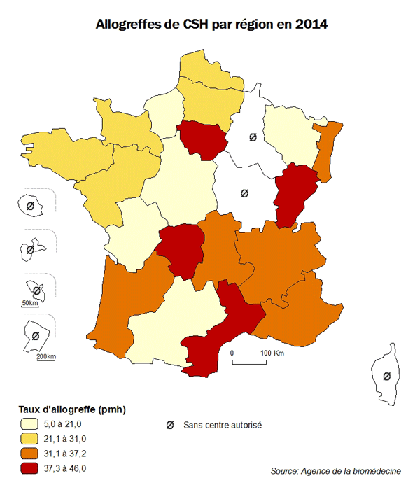 Figure CSHR1. Taux d’allogreffes de CSH  par région en 2014
