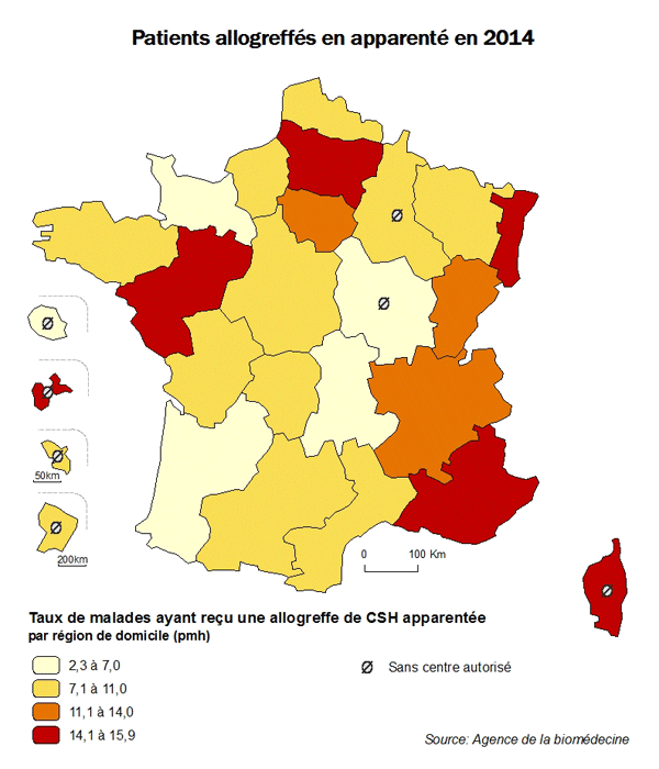 Figure CSHR3. Taux de patients  ayant reçu une allogreffe de CSH en 2014, par région de domicile