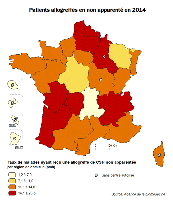 Figure CSHR4. Taux de patients ayant reçu une allogreffe non apparentée de CSH en 2014, par  région de domicile