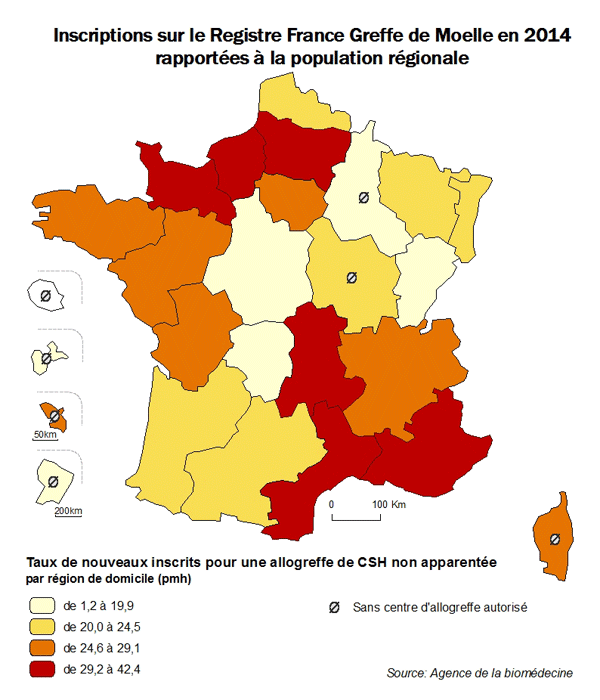 Figure CSHR5. Taux  de patients inscrits pour une allogreffe de CSH non apparentée en 2014, par  région de domicile