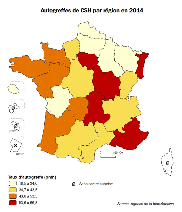 Figure CSHR7. Taux d’autogreffes de CSH  par région en 2014