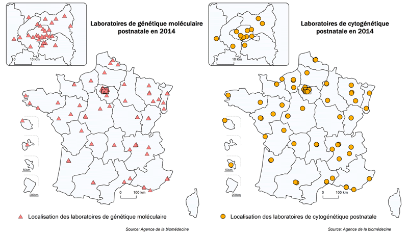 Figure POSTNATAL1. Répartition géographique des laboratoires de cytogénétique et de génétique moléculaire postnatale ayant déclaré une activité en 2014